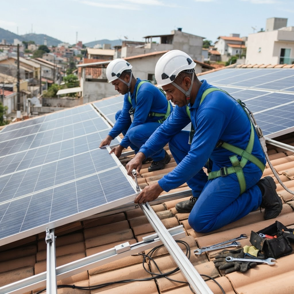 Técnicos da FC Energy Solar instalando módulos fotovoltaicos em um telhado