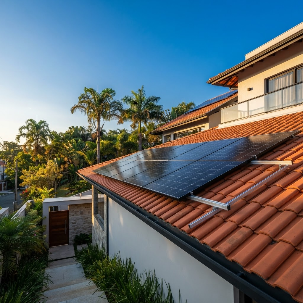 Painéis solares instalados no telhado de uma casa ao fim da tarde