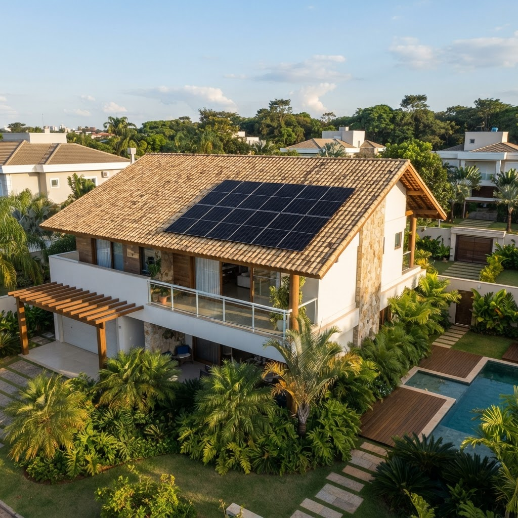 Casa residencial com 15 módulos fotovoltaicos instalados em um único plano do telhado