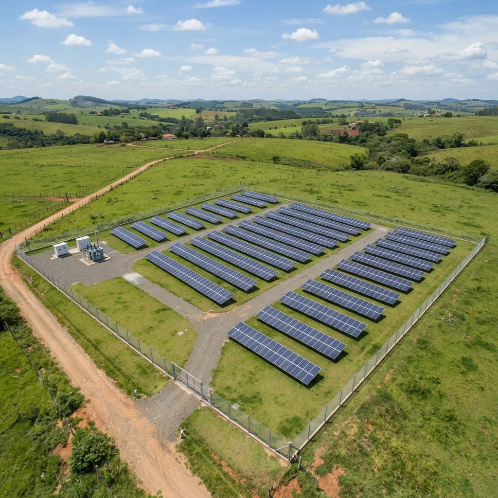 Usina solar de solo com 320 módulos em fileiras inclinadas, cercamento e estação transformadora